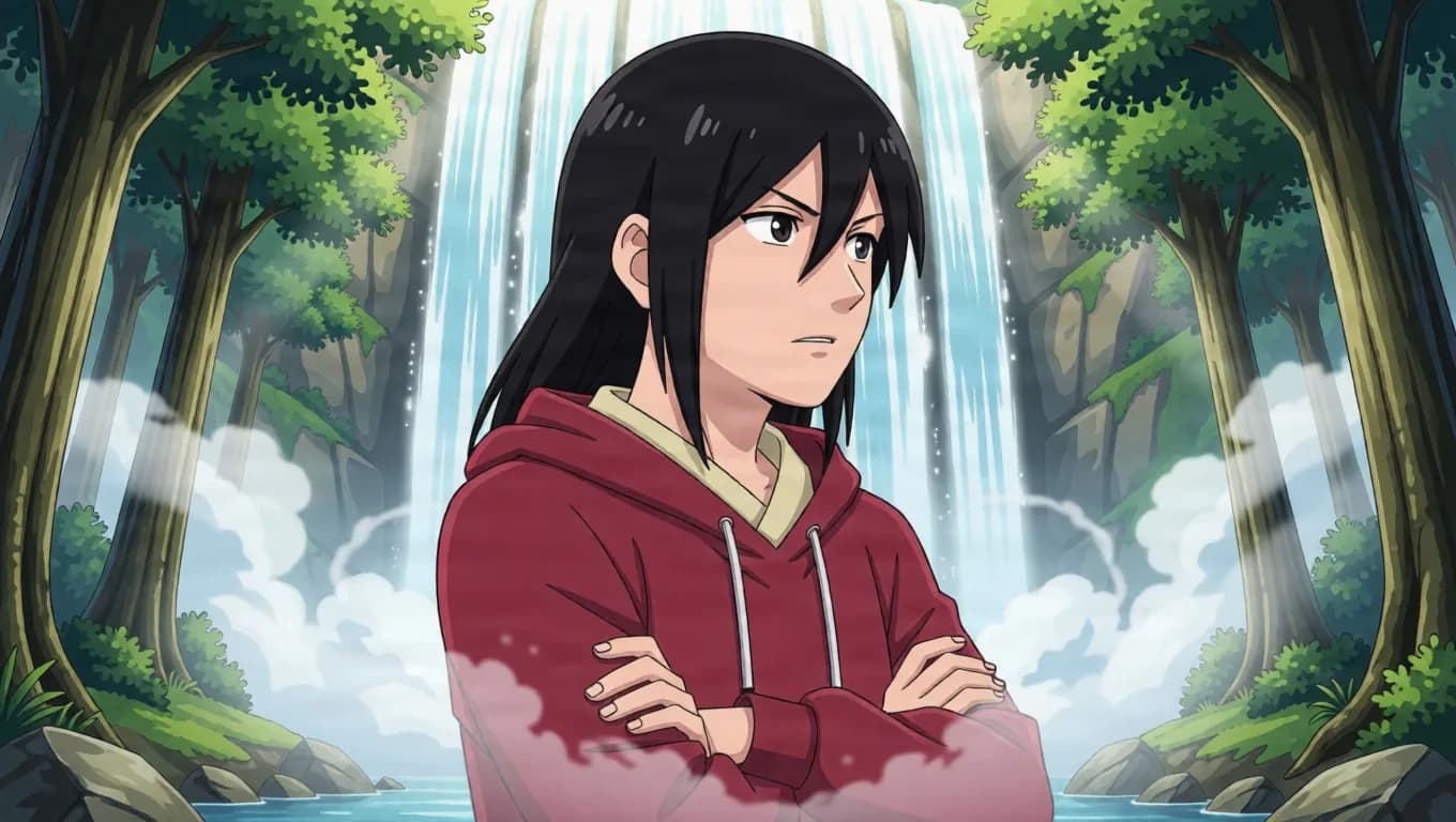 A long-haired young man in a dark red hooded jacket crosses his arms and looks aside while standing before a tall forest waterfall.