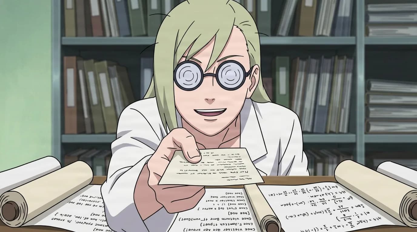 A blonde woman in swirl-lensed round glasses and a white coat smiles as she holds out a document at a desk piled with code-covered scrolls before shelves of files.