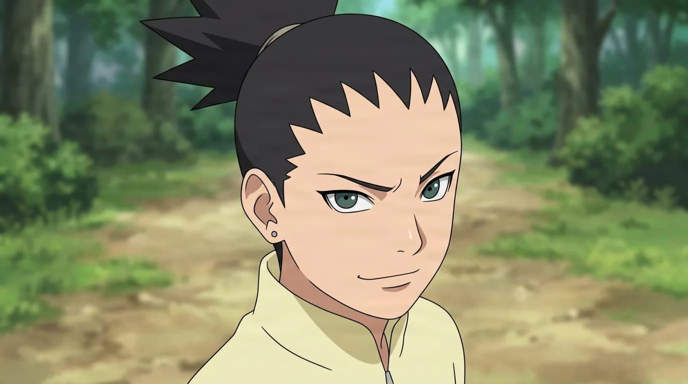 Shikadai Nara from Naruto in a close-framed cel-shaded anime scene with a detailed environment