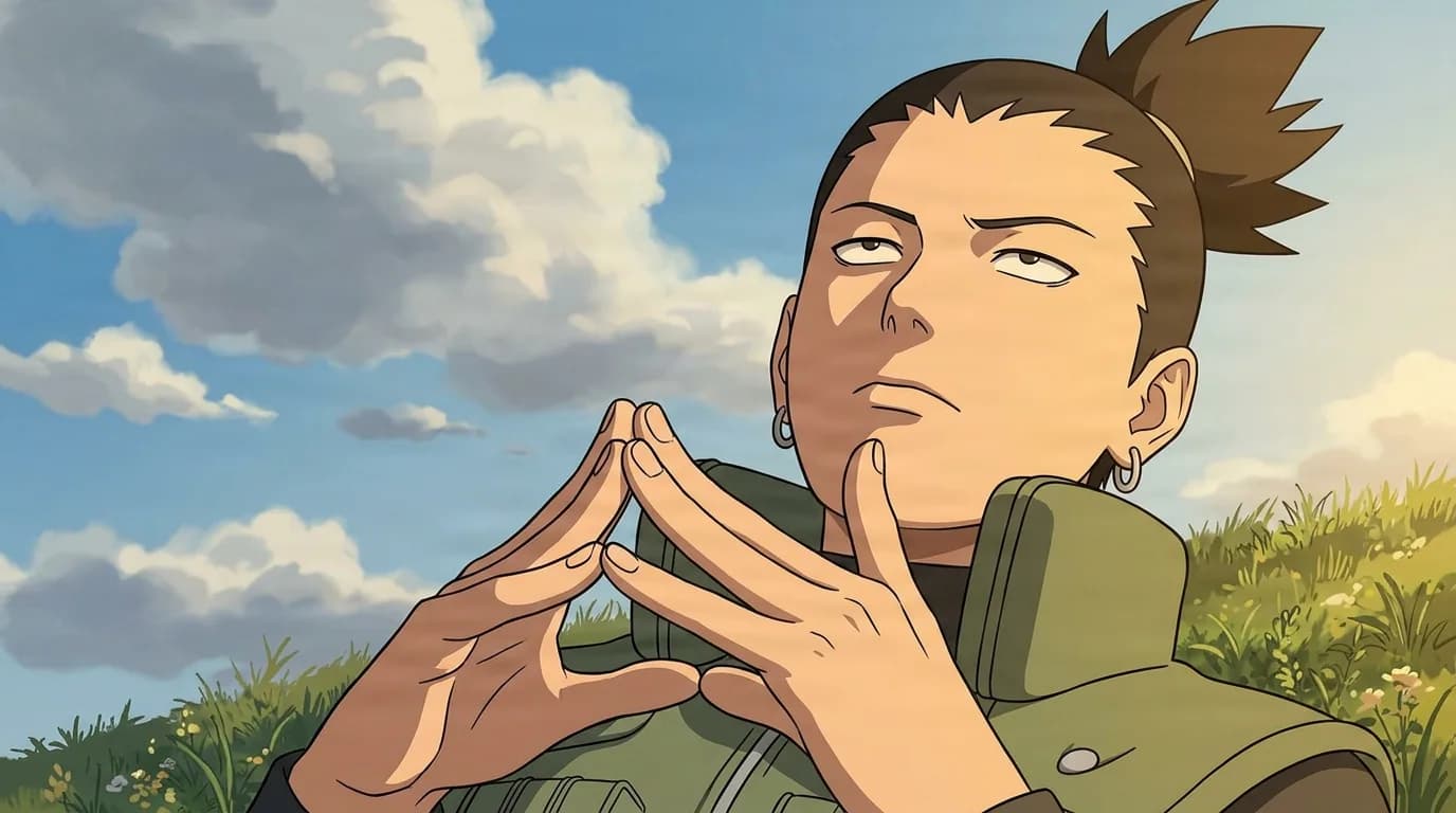 Shikamaru presses his fingertips together in his signature thinking pose while resting on a grassy hillside beneath a bright blue sky full of drifting clouds