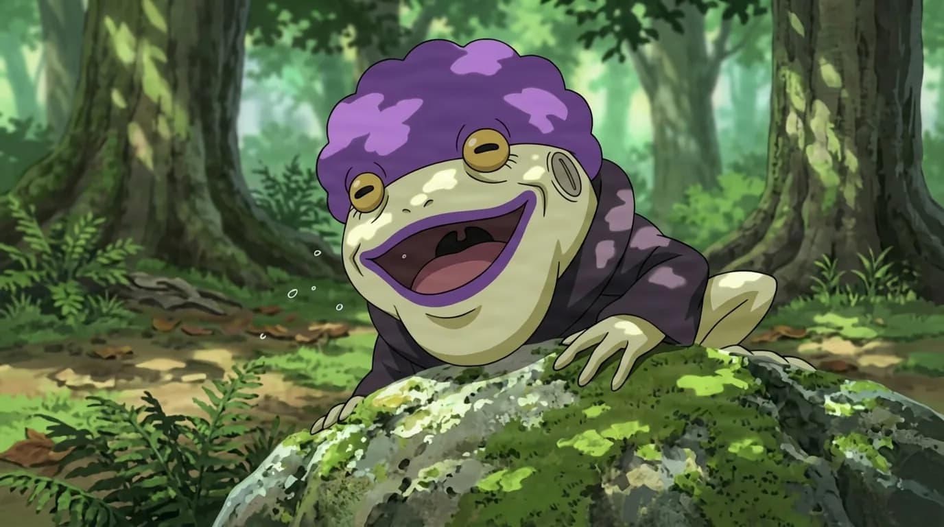 Purple haired toad with golden eyes and a wide grin climbing over a mossy rock in a sunlit green forest clearing