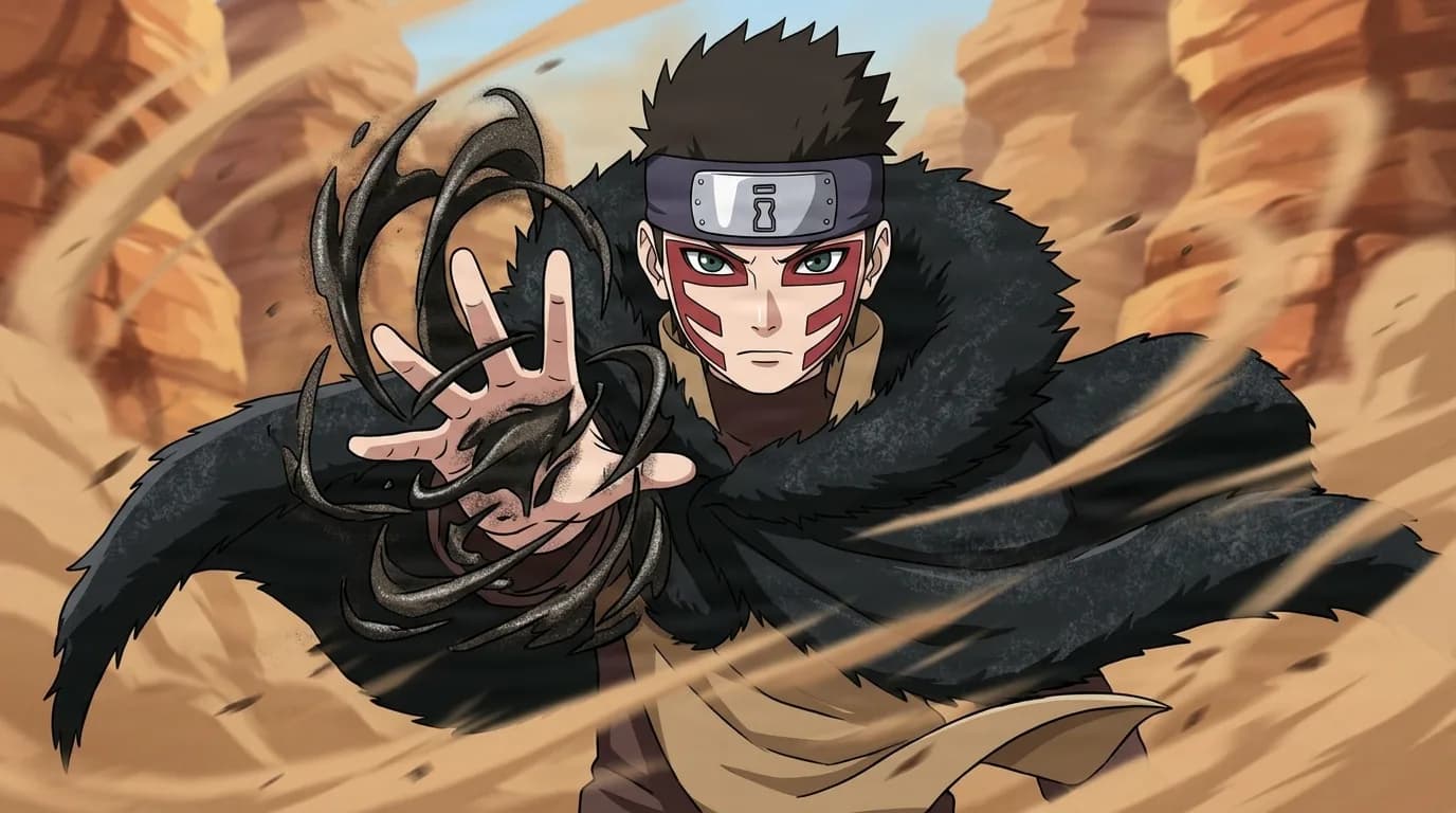 Young Sand ninja with red face markings reaches out one hand as black iron sand coils around it in a wind-blown desert canyon.