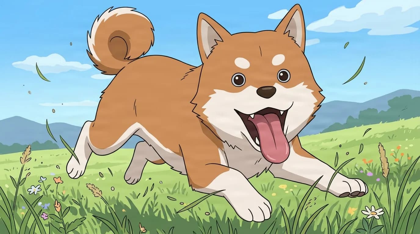 Small brown and white shiba dog leaping across a grassy meadow with its tongue out under a blue sky