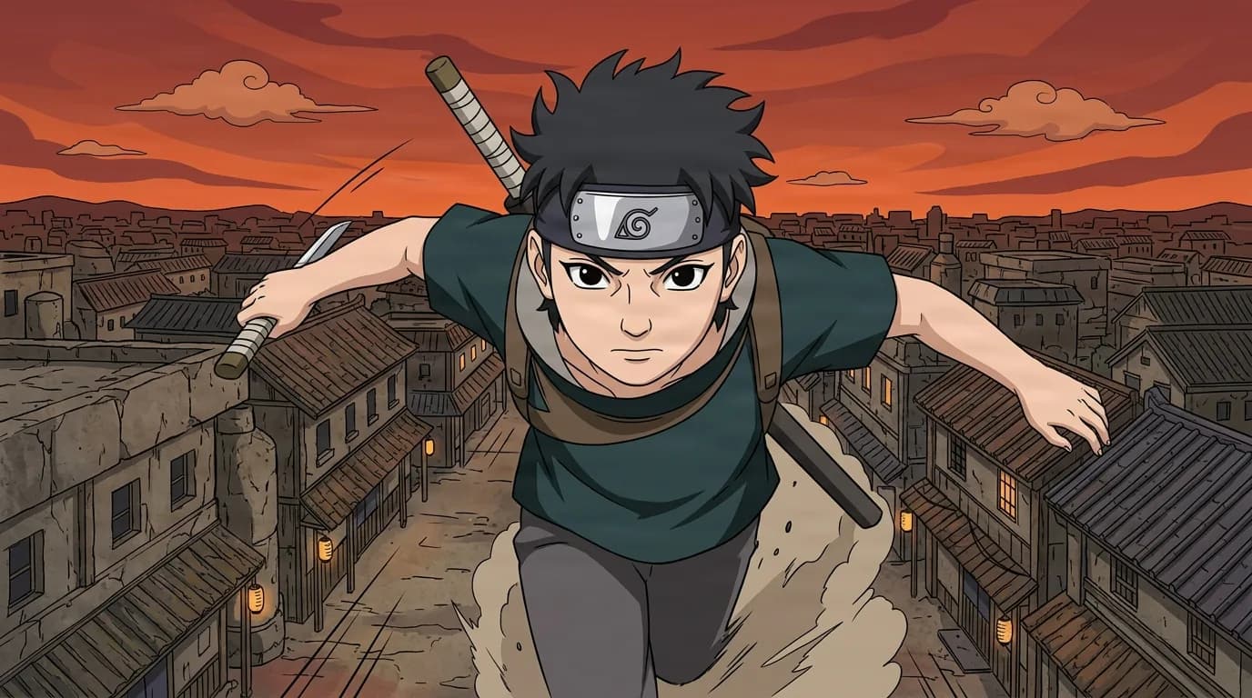 Black haired shinobi with a headband and a sword on his back dashes across village rooftops under an orange sunset sky