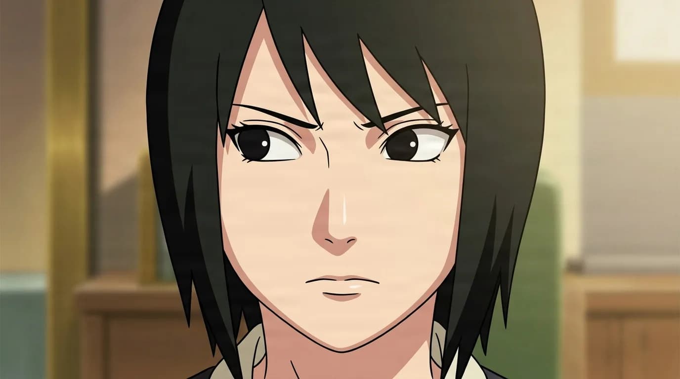 A close-up of a young woman with short black hair and side-swept bangs wearing a dark top with a light collar, glancing forward with a focused alert expression in a warmly lit wooden office.