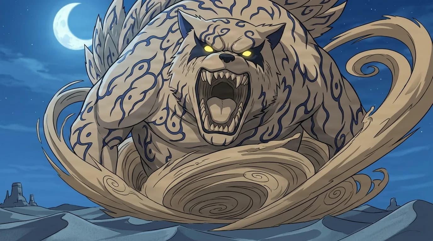 Giant sand colored tanuki beast with blue markings roaring under a crescent moon as spirals of sand whirl around its body in the desert night