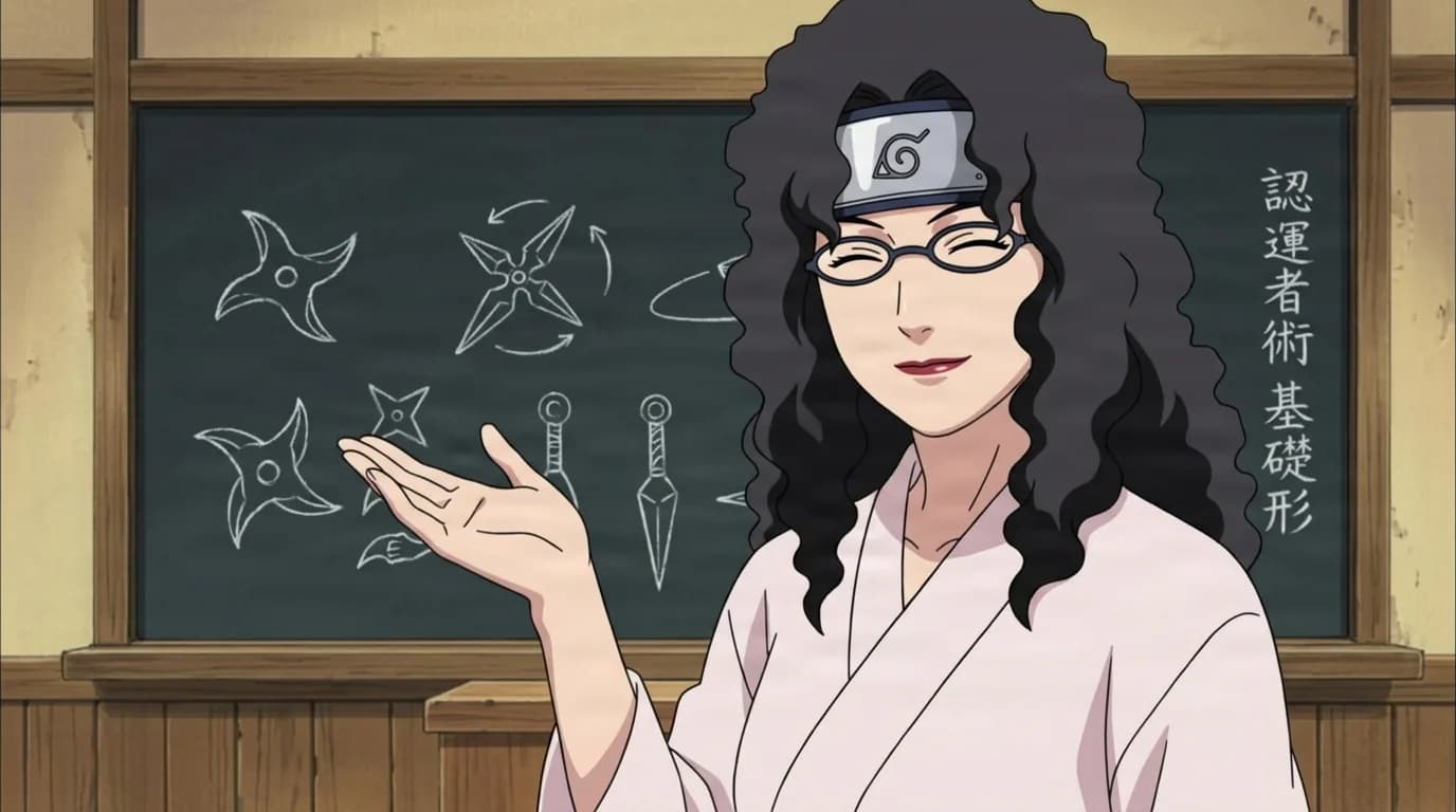 Curly-haired woman in glasses and a Leaf headband gestures toward a chalkboard of shuriken diagrams in a wooden academy classroom.