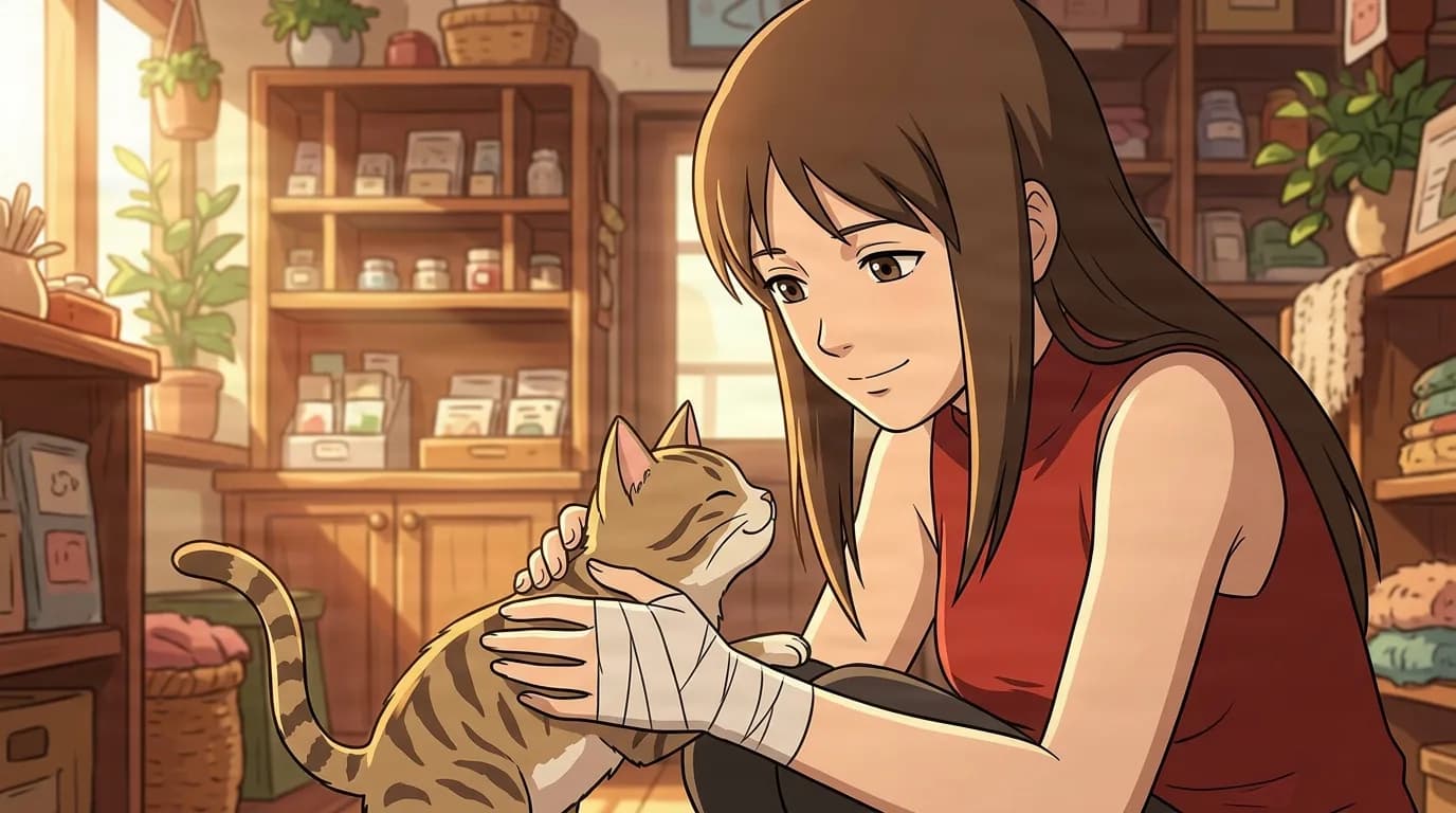 A brown-haired young woman with a bandaged hand kneels to pet a striped tabby cat in a warm cozy shop