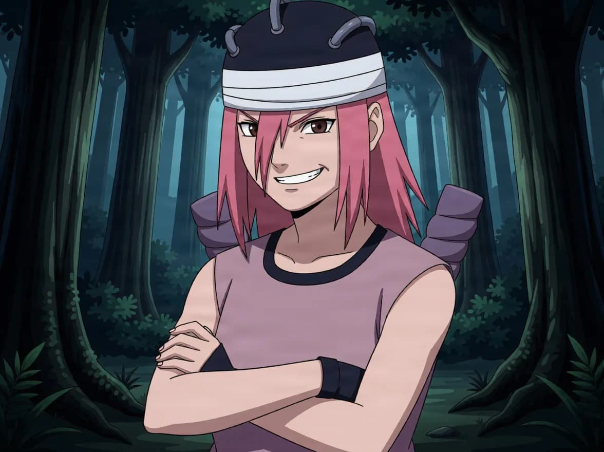 Pink haired kunoichi in a dark cap with pipes and a mauve tunic crosses her arms with a confident smirk in a shadowy nighttime forest