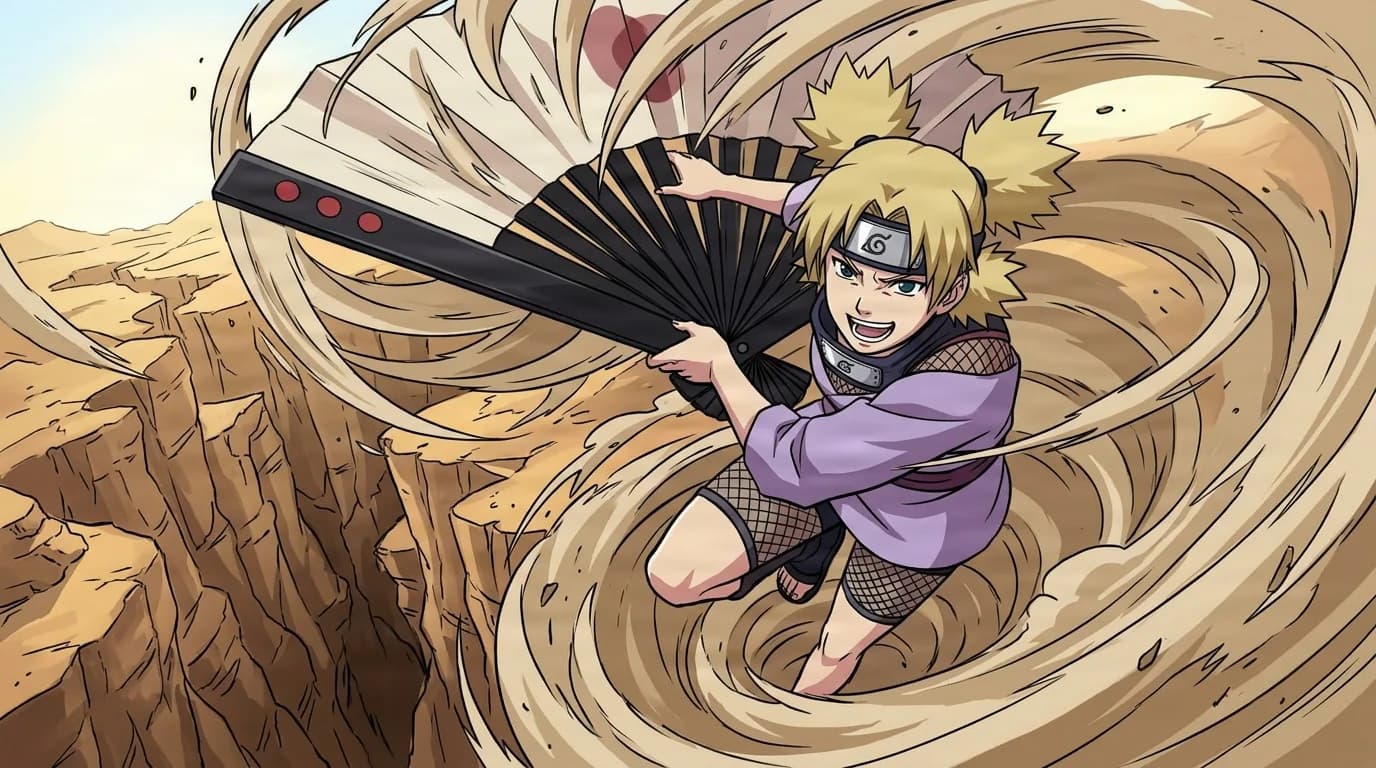 Temari swings her giant folding war fan over the edge of a desert canyon, her four blonde ponytails flying as a huge whirl of sand and wind spins around her