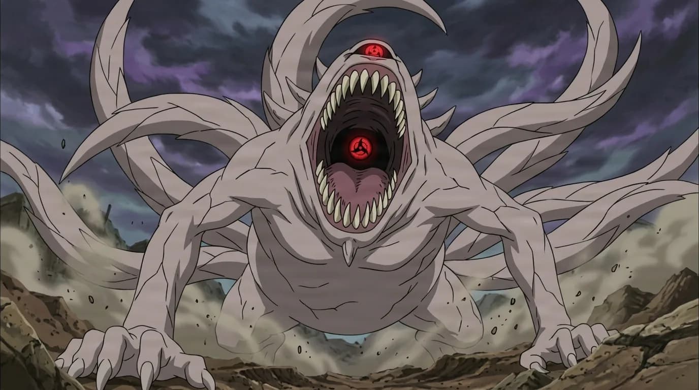A colossal pale grey one-eyed beast crouches on a cratered wasteland, its enormous fanged mouth gaping wide around a glowing red eye, long tendril-like tails spreading behind it under a dark stormy sky.