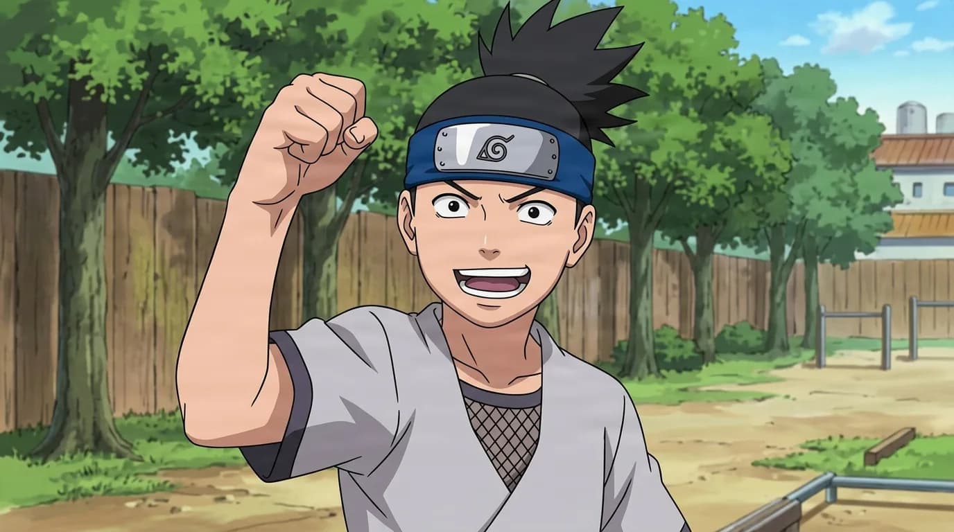 Grinning young ninja with a blue headband raises a clenched fist in a fenced training yard among green trees
