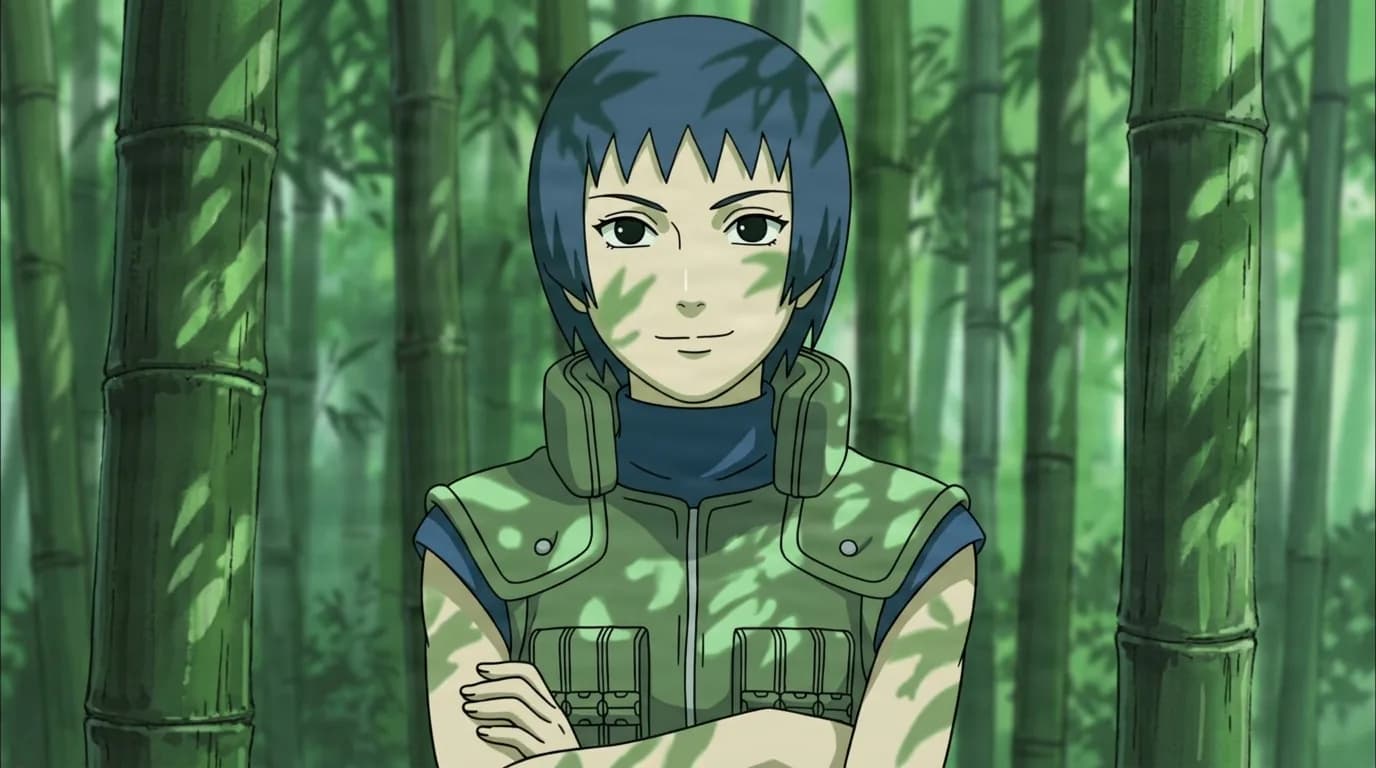 A short dark-haired kunoichi in a green flak jacket stands with her arms folded and a calm confident smile in a sunlit green bamboo grove.