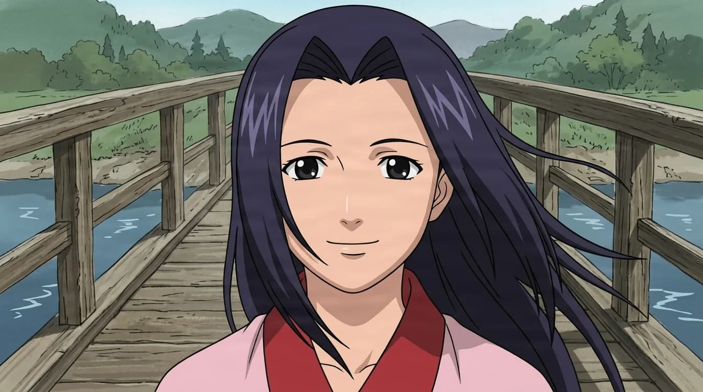 A woman with long dark purple hair and a pink top stands smiling on a wooden bridge over a calm river with green hills behind