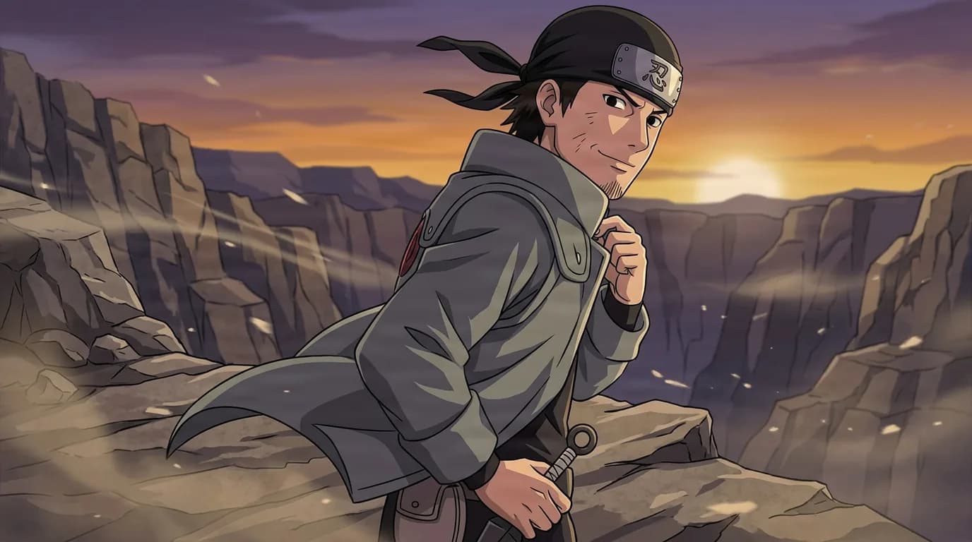 Brown-haired ninja in a grey jacket and forehead protector glances back over his shoulder on a rocky canyon ledge at sunset.