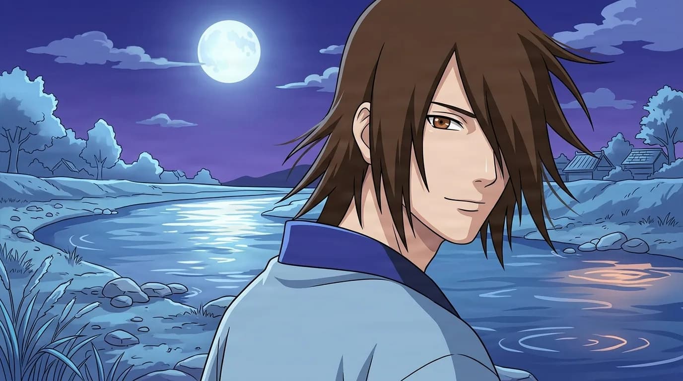 Young man with brown hair sweeping over one eye glancing back with a faint smile on a moonlit riverbank, full moon and rippling water behind him
