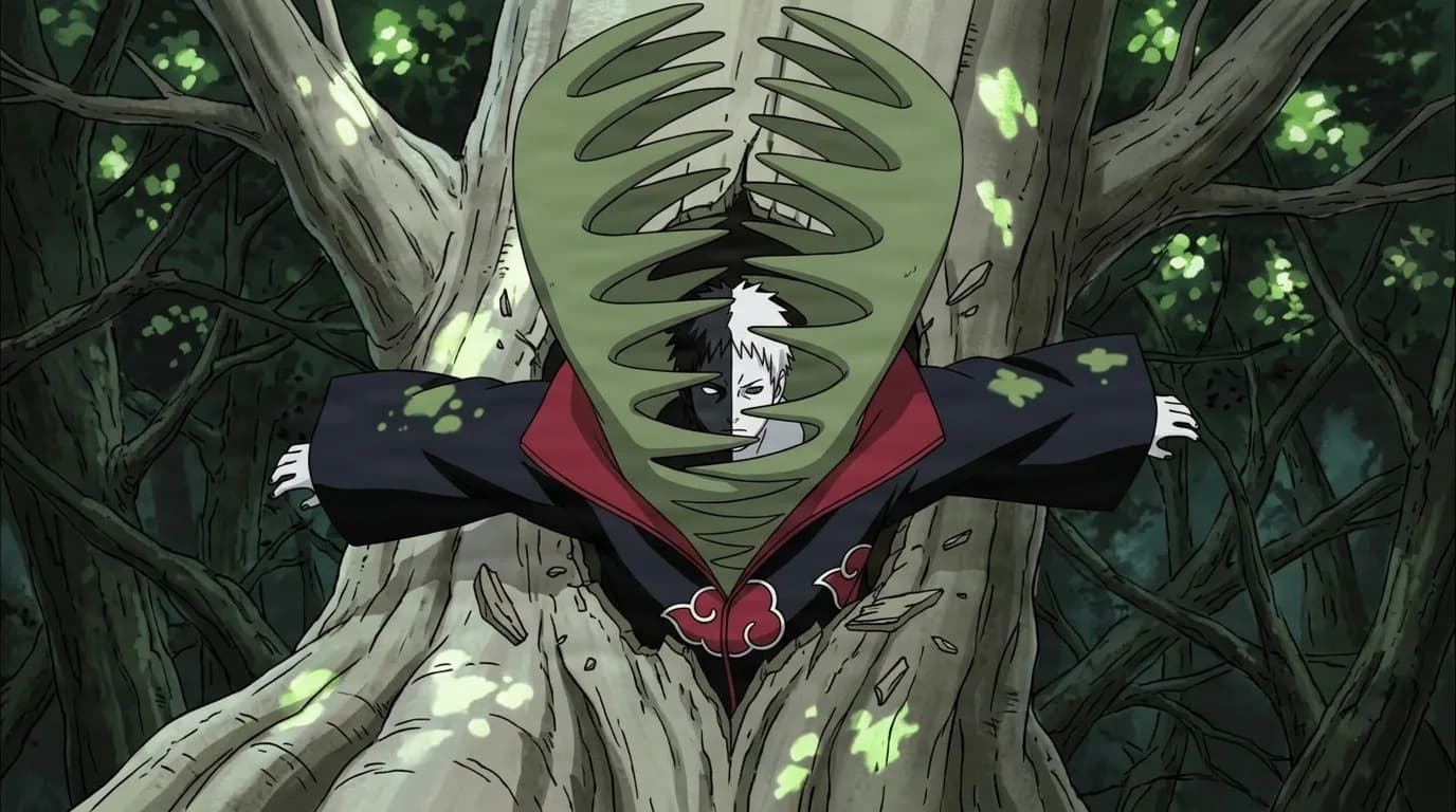 Pale-faced figure in an Akatsuki cloak spreads its arms while emerging from a green flytrap shell against a giant forest tree.