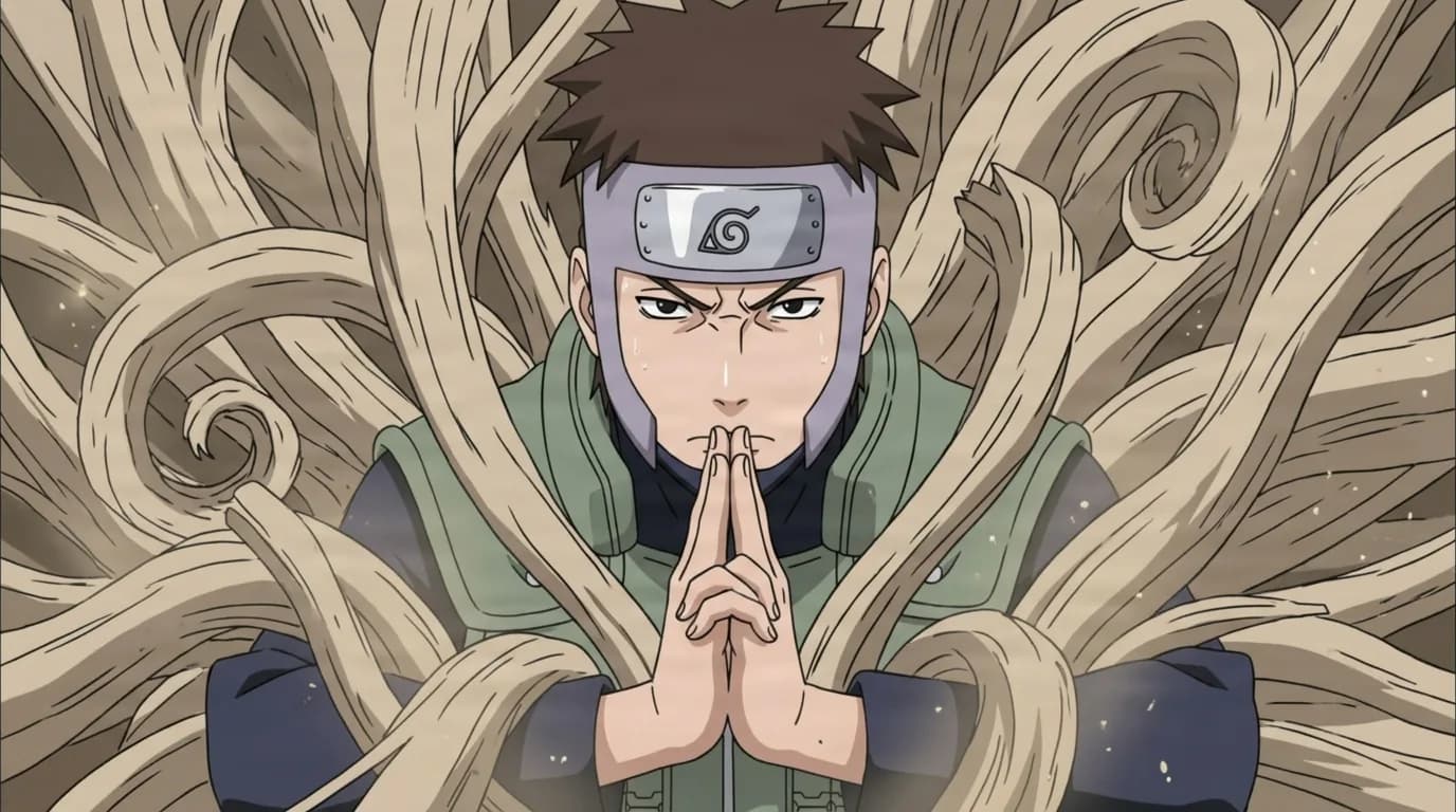 A brown haired ninja in a green flak vest and a face framing headband presses his palms together in a focused hand seal as pale curling wooden branches sprout and swirl around him.
