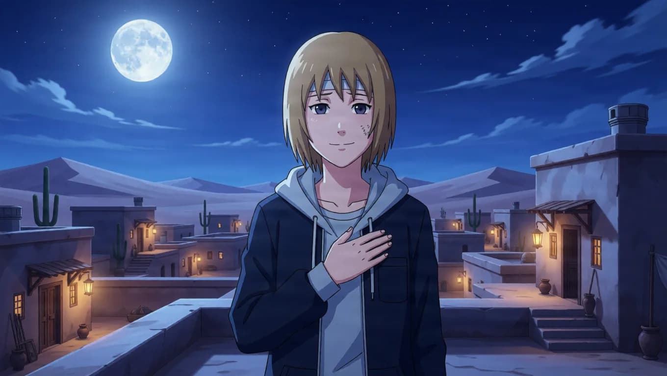 Young sandy blond person with a gentle smile and a small mark on one cheek holding one hand to the chest on a rooftop in a moonlit desert village