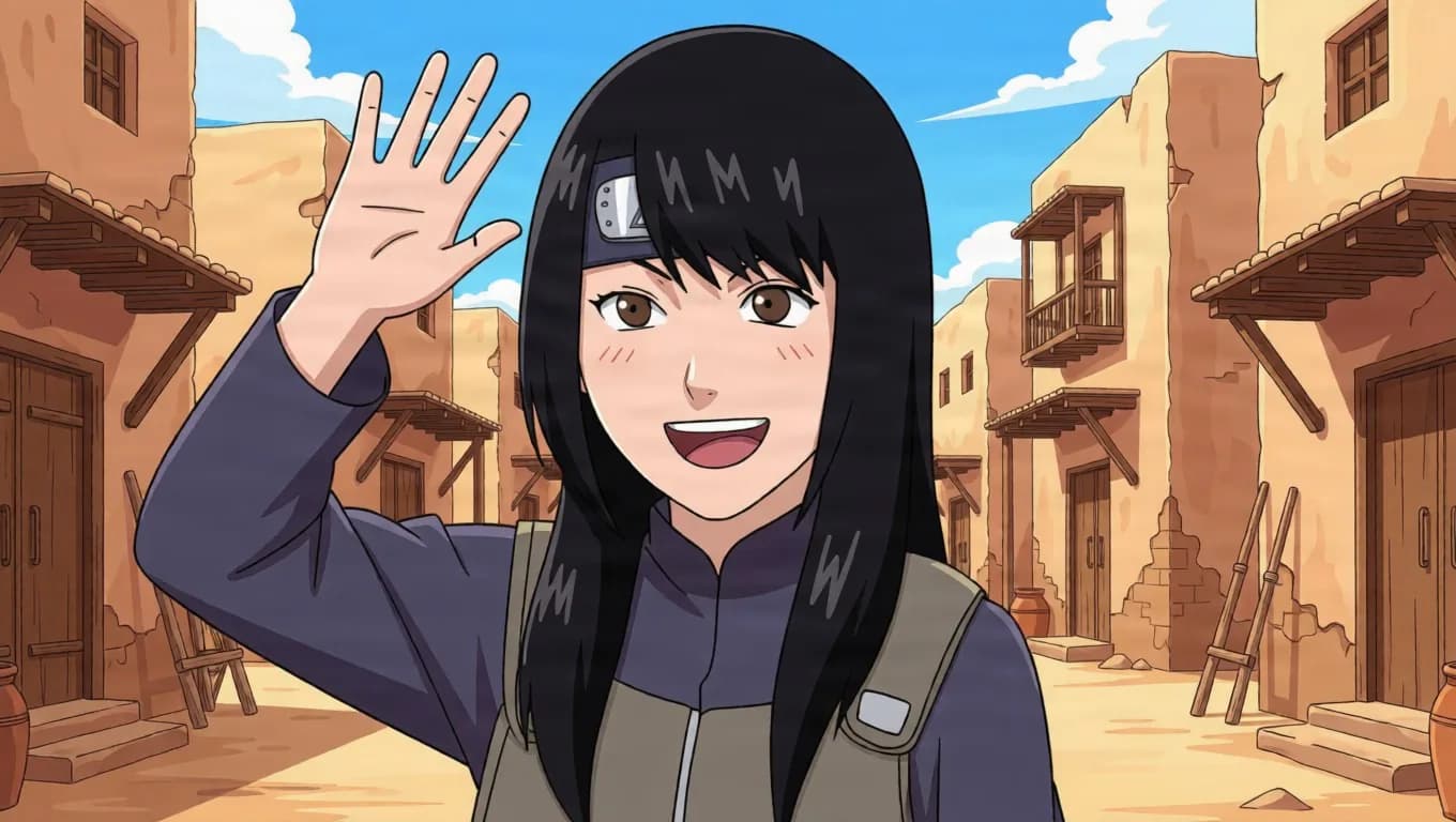 A black-haired kunoichi smiles and raises one hand in a cheerful wave while standing in a sunlit sandstone desert village street.