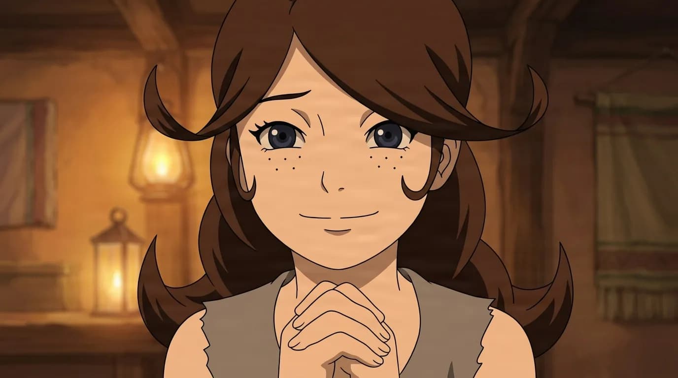 そばかすと青い瞳の茶髪の女性が、暖かな提灯の灯る木造の部屋で胸の近くで手を組み、柔らかく微笑んでいる
