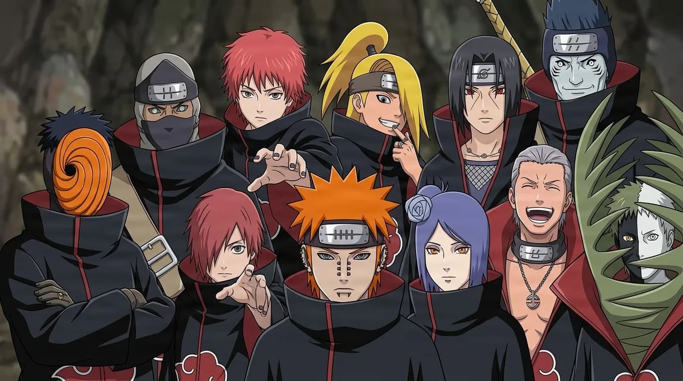 Akatsuki members gathered in black cloaks patterned with red clouds, Pain and Konan at the center and Tobi's orange spiral mask at left.