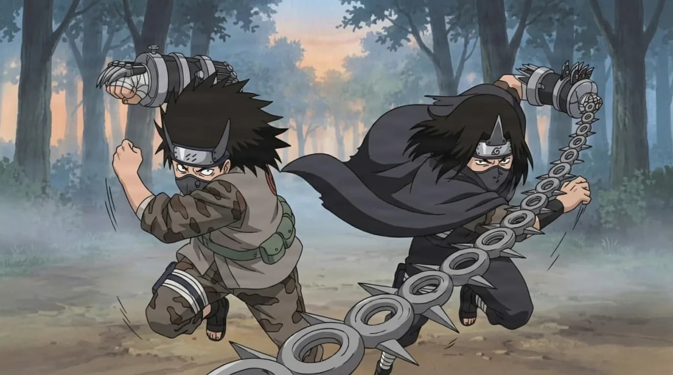 Two masked ninja charge forward through a misty forest, one swinging a spiked chain gauntlet while the other raises a clawed fist.