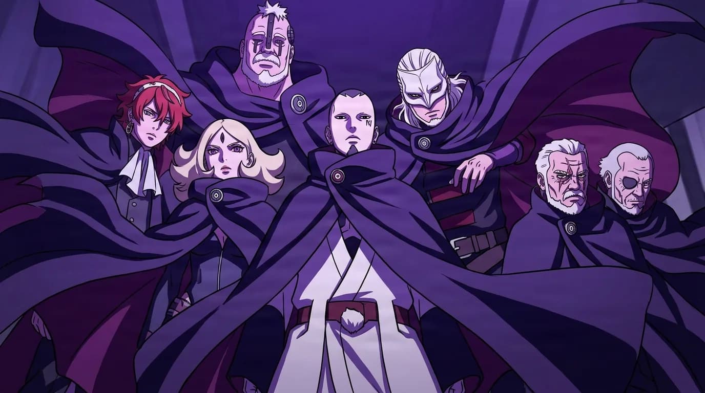 Group of cloaked figures in dark purple robes standing together in a dramatic low angle formation under violet lighting