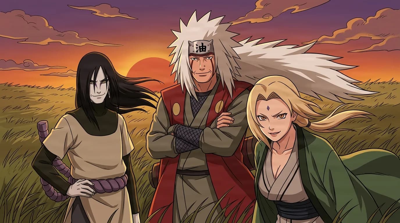 Three legendary ninja standing together in tall grass at sunset, a pale long haired man, a white maned man in red and green, and a blonde woman in a green coat