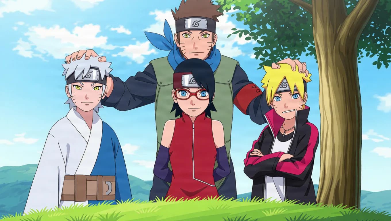 A brown haired jonin rests his hands on a white haired boy and a blond boy while a black haired girl in red glasses stands in front on a grassy hilltop