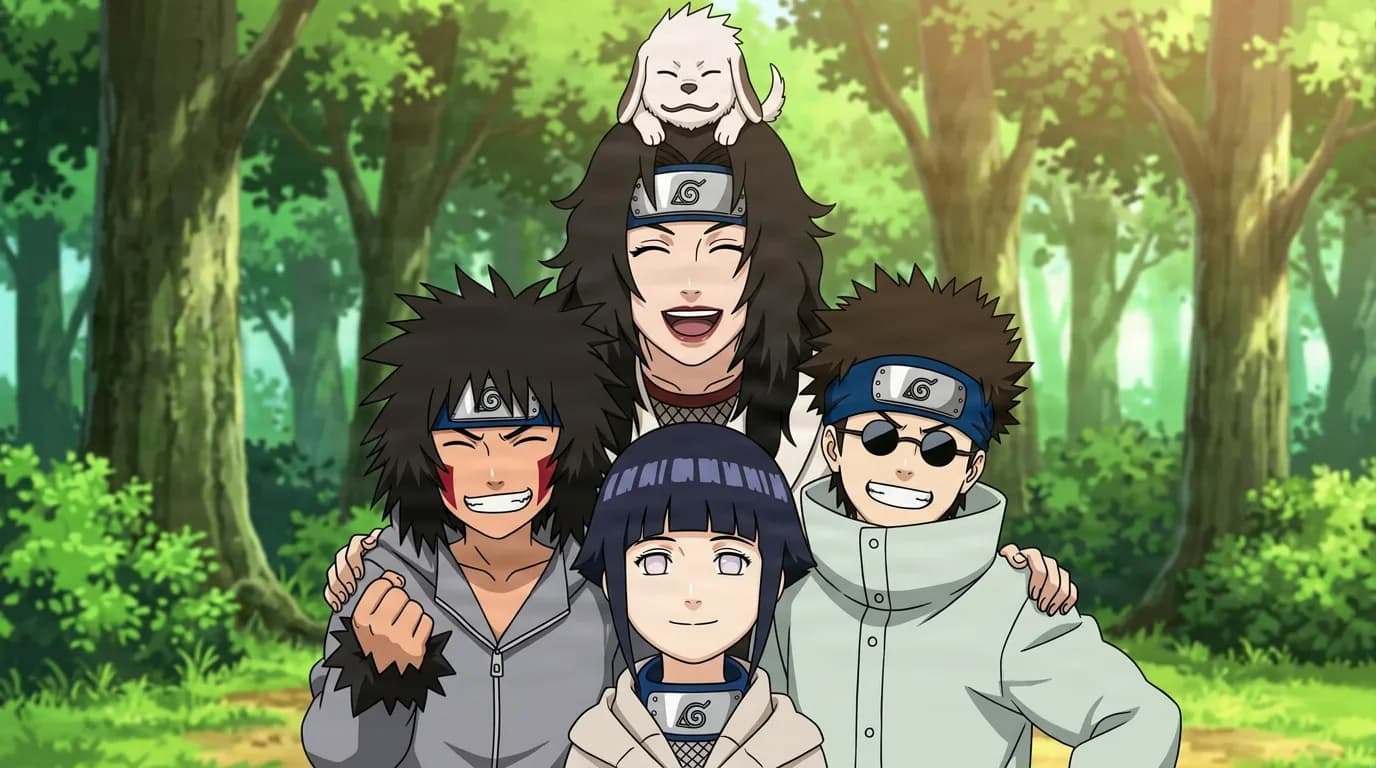 Four Leaf Village ninja pose together smiling in a sunlit forest, a small white puppy perched on the head of the tallest one.