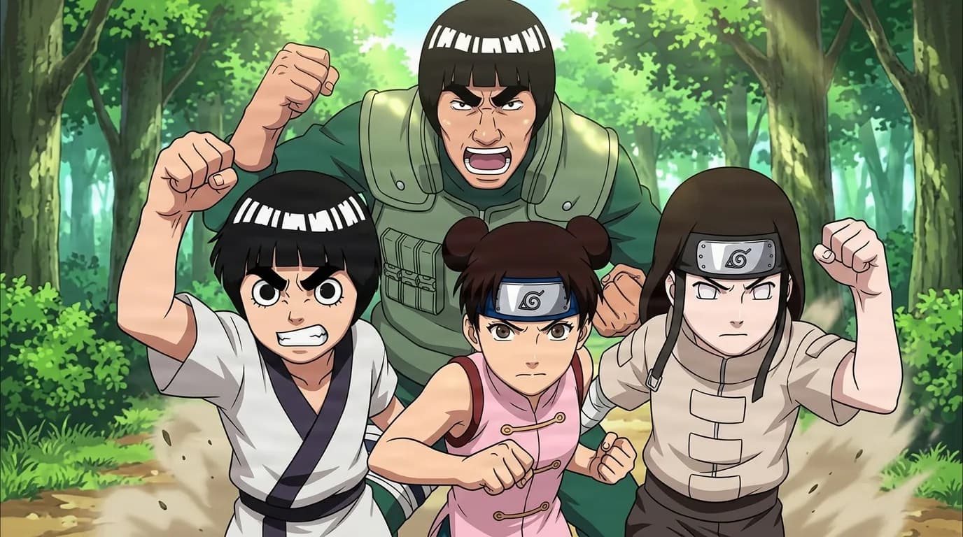 Four Leaf ninja charge forward with raised fists and fierce faces through a sunlit green forest, a tall mentor behind three young students.