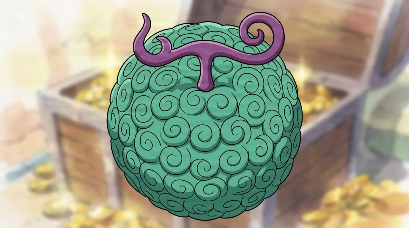 Beri Beri no Mi, a round teal Devil Fruit covered in swirl patterns with a curling purple stem, floating before open chests of gold coins