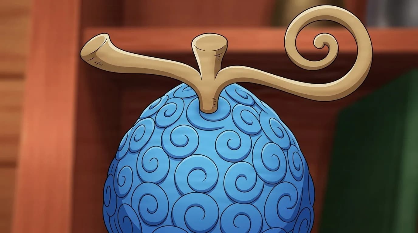 Sui Sui no Mi, a blue teardrop-shaped Devil Fruit patterned with spirals and topped by a tan forked stem, sitting on a wooden shelf