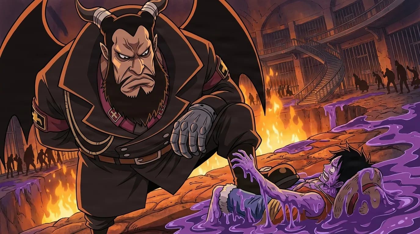 Impel Down Arc: the horned, winged warden Magellan strides through prison flames as Luffy lies sprawled in a river of purple poison.