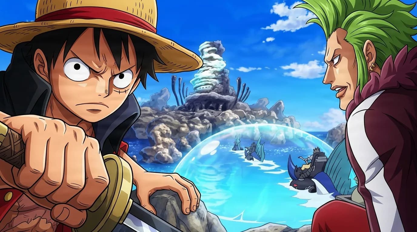 Silver Mine Arc: Luffy grips a sword hilt and glares while green haired Bartolomeo smirks across a rocky island ringed by a barrier bubble.