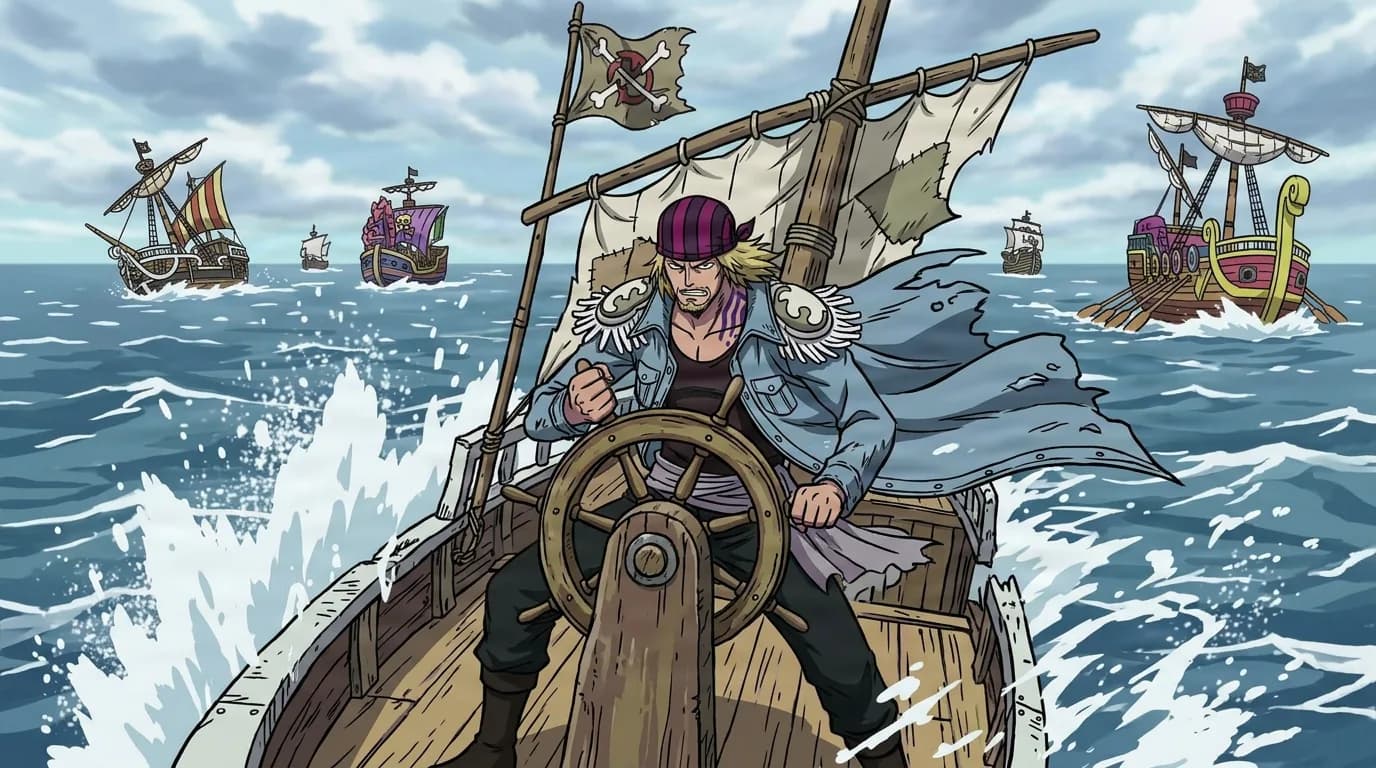 Blond pirate captain gripping the ships wheel as ocean spray and rival racing ships surround him