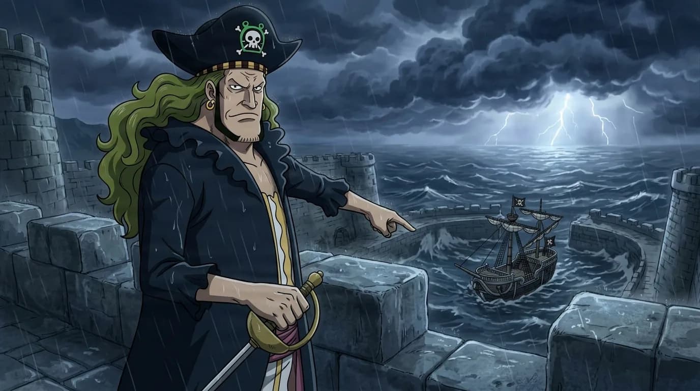 Green haired pirate captain in a plumed hat pointing toward his ship from a rain soaked stone rampart