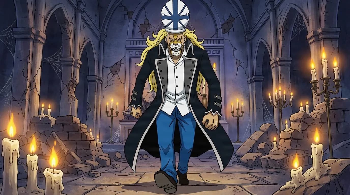Absalom striding through a ruined candle-lit chapel in his long black coat, lion muzzle bared beneath his round white-and-blue hat.