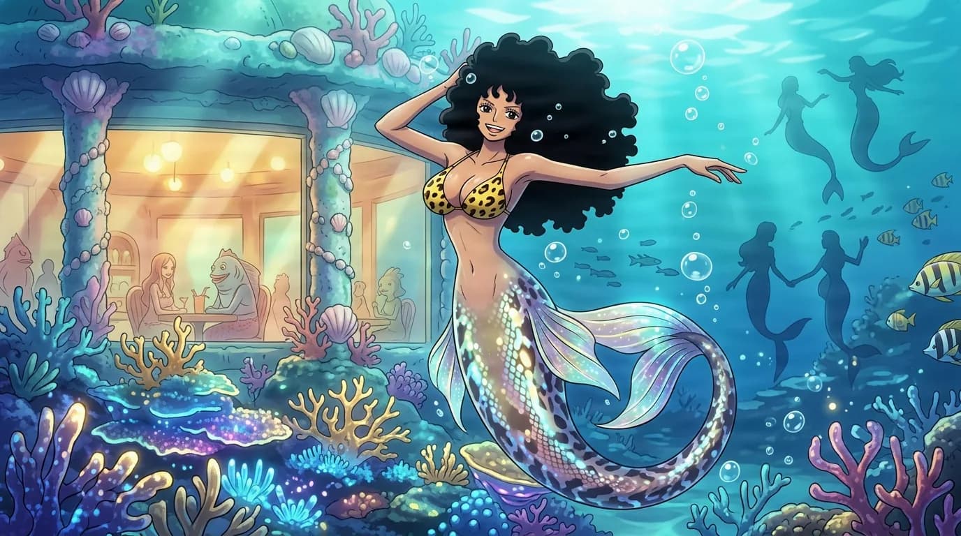 Curly haired mermaid with a leopard print top and shimmering tail swimming near a coral reef cafe