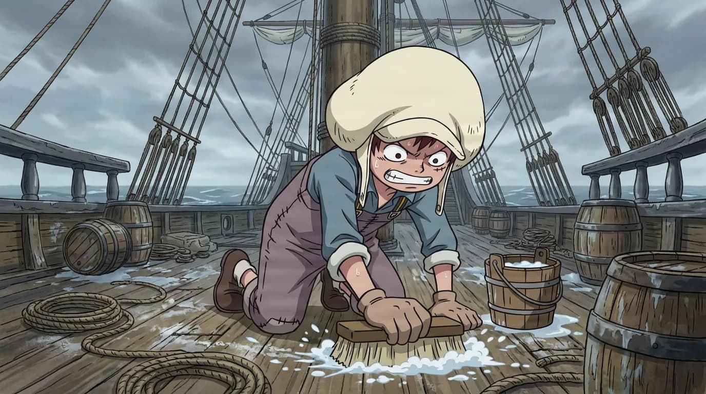 Child in an oversized hood scrubbing a pirate ships wooden deck between barrels and coiled rope