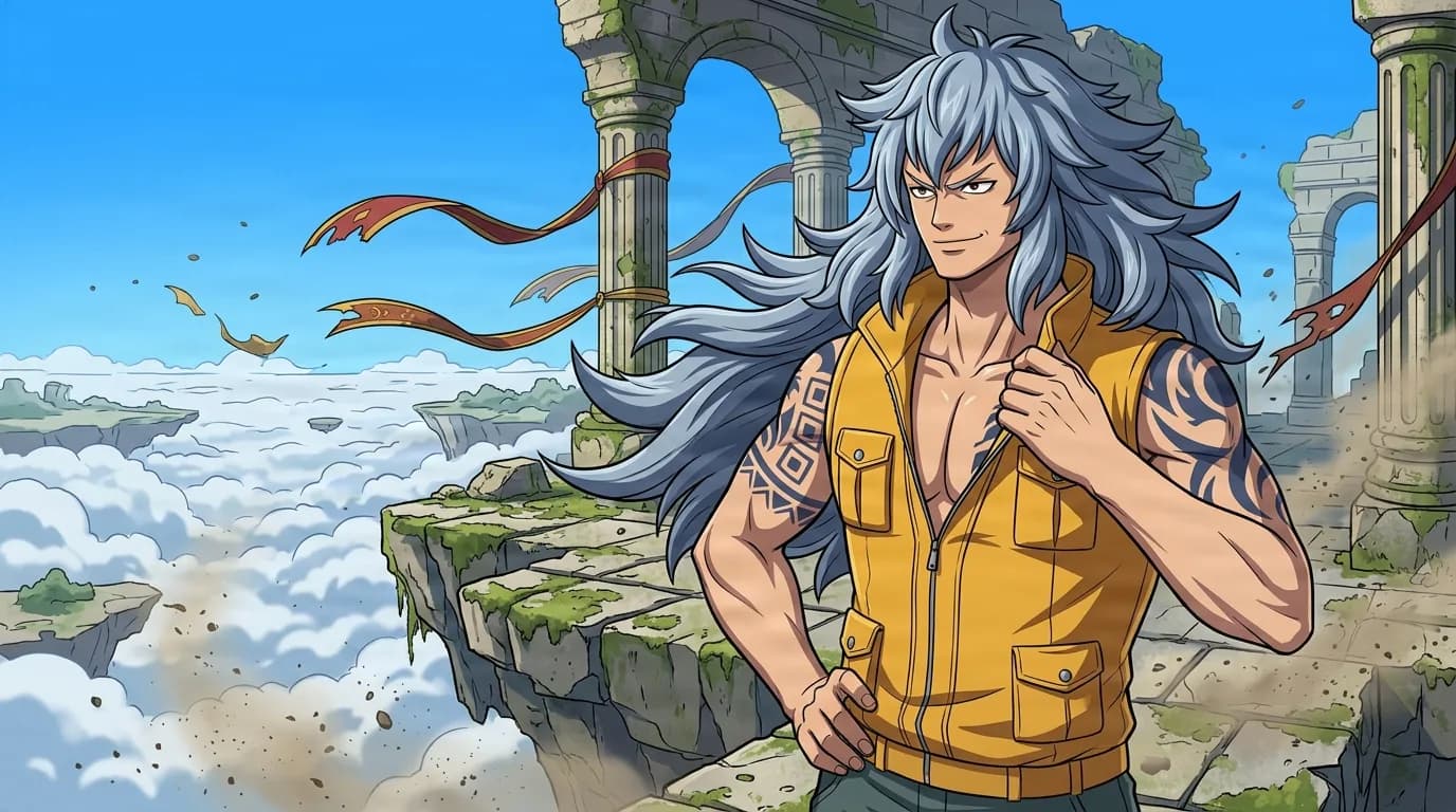 Long haired man in an orange vest standing among ruined columns on a sky island above the clouds