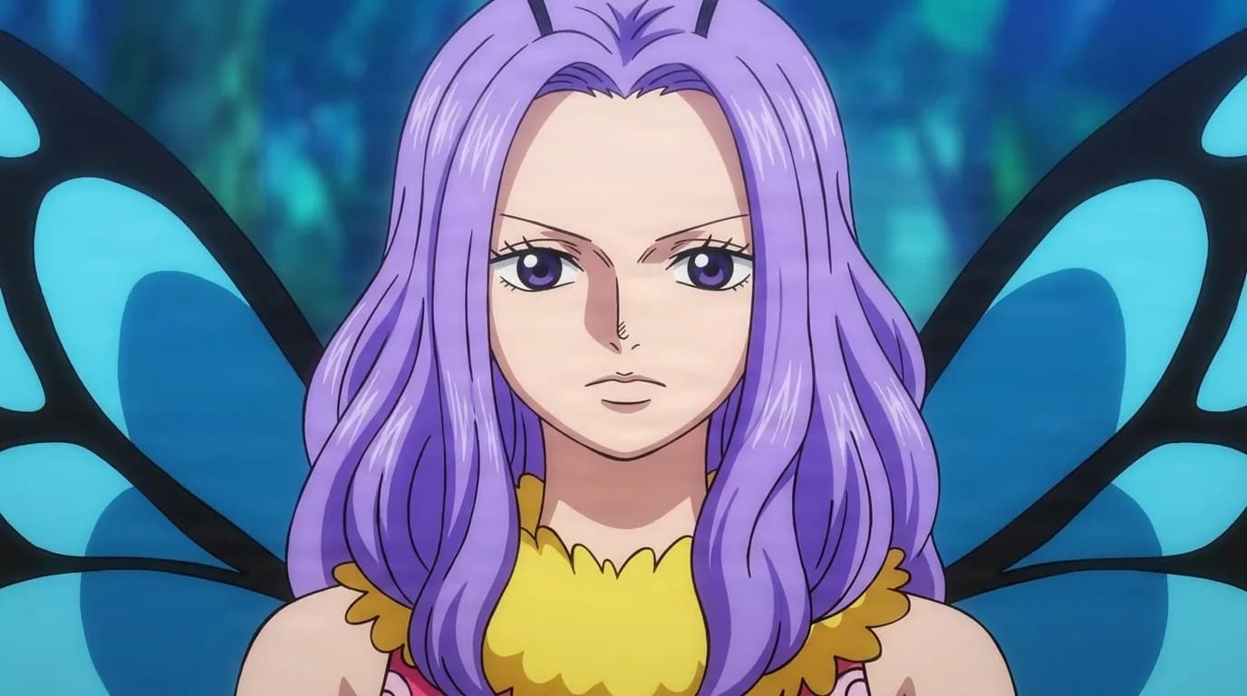 Ageha Woman from One Piece in a close-framed cel-shaded anime scene with a detailed environment