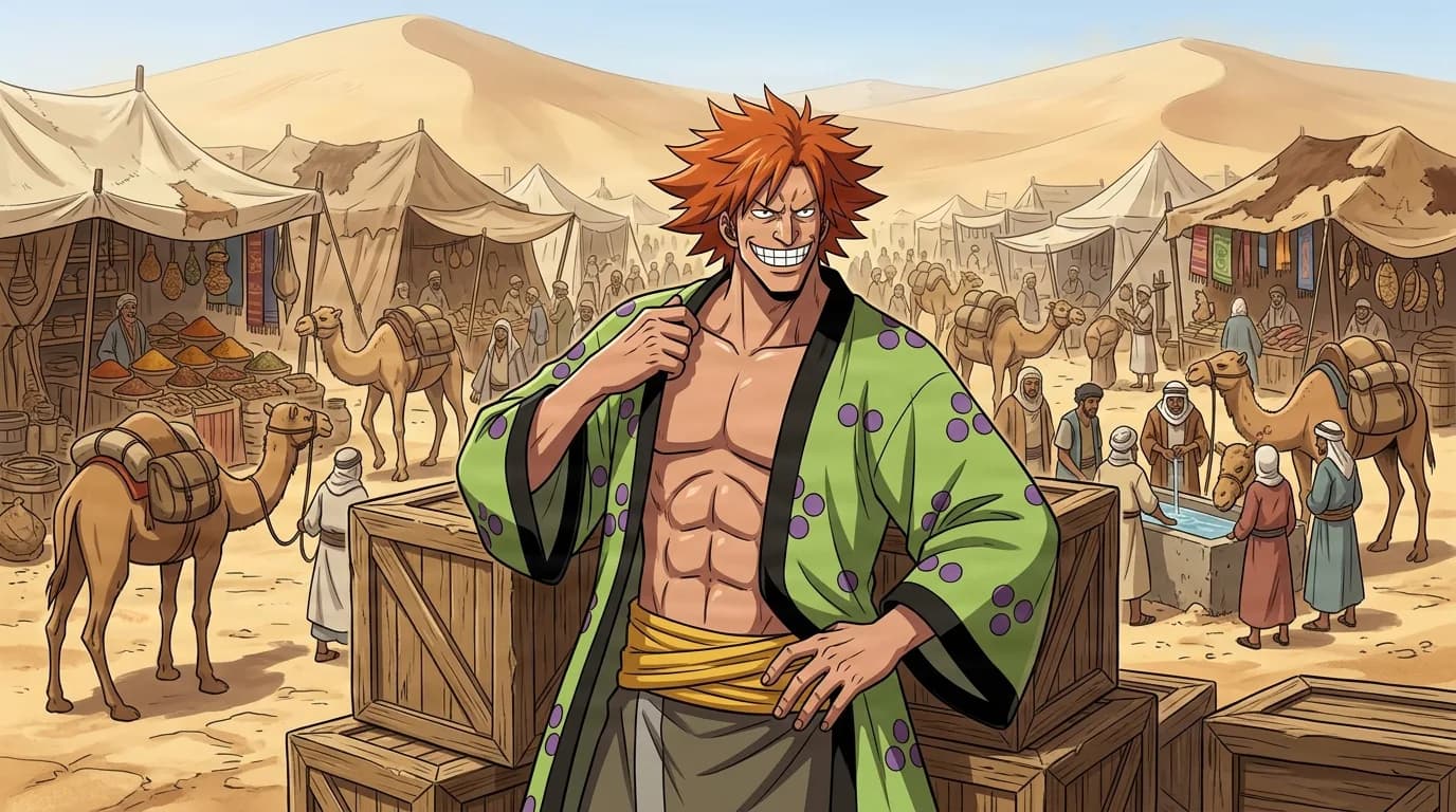 Red haired grinning gang leader posing before market tents and camels in a desert bazaar