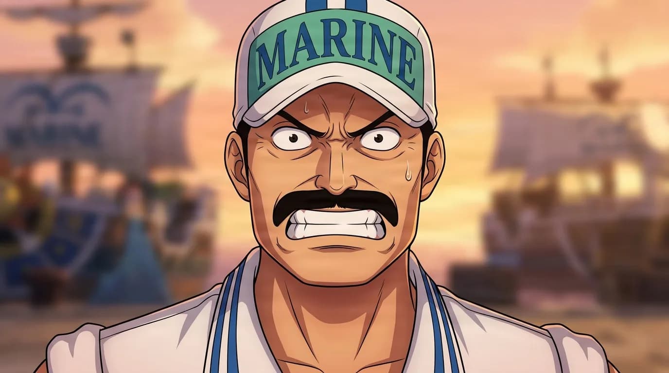 Agray from One Piece in a close-framed cel-shaded anime scene with a detailed environment