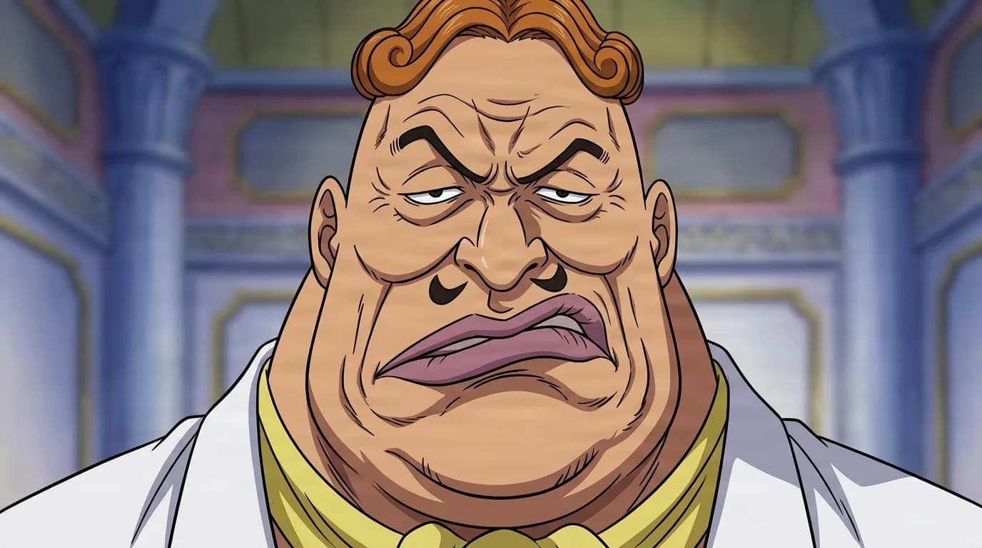 Ahho Desunen IX from One Piece in a close-framed cel-shaded anime scene with a detailed environment