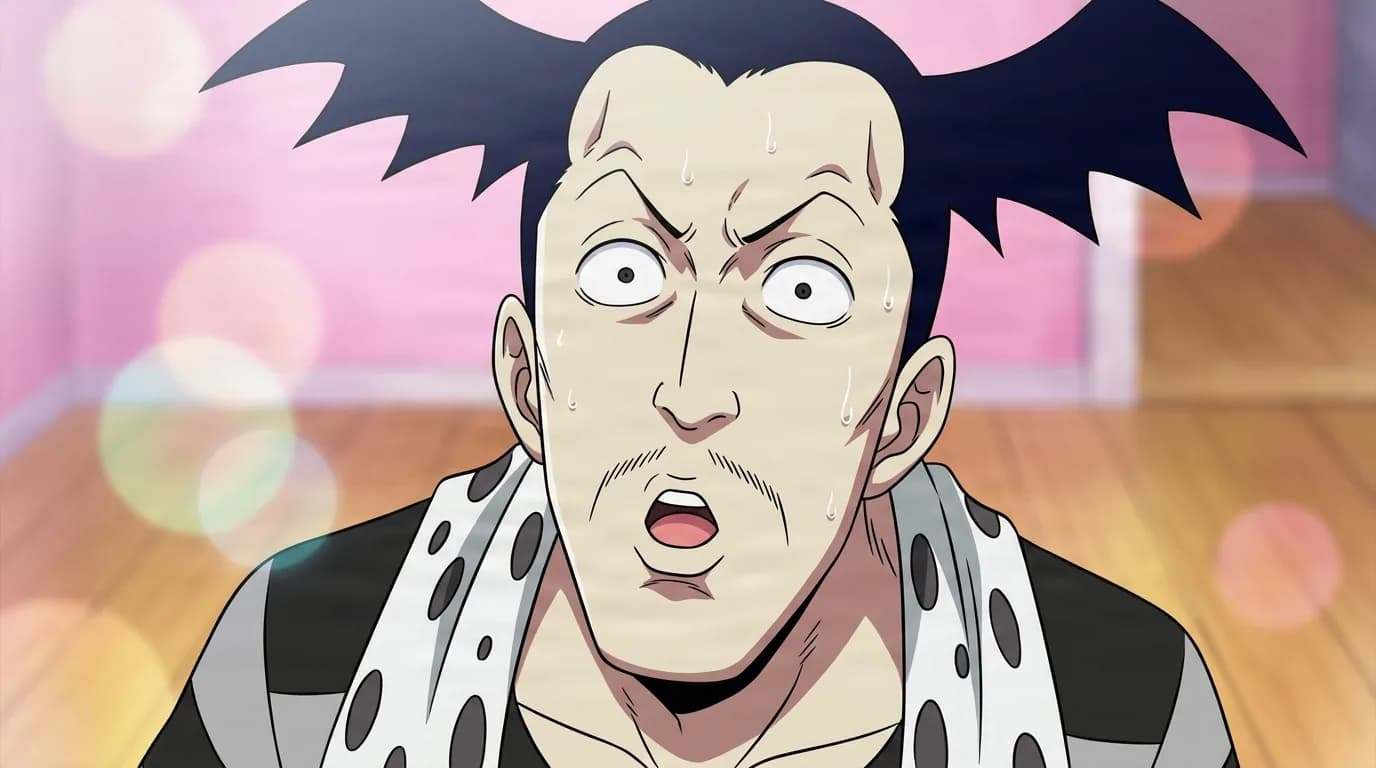 Akumai from One Piece in a close-framed cel-shaded anime scene with a detailed environment