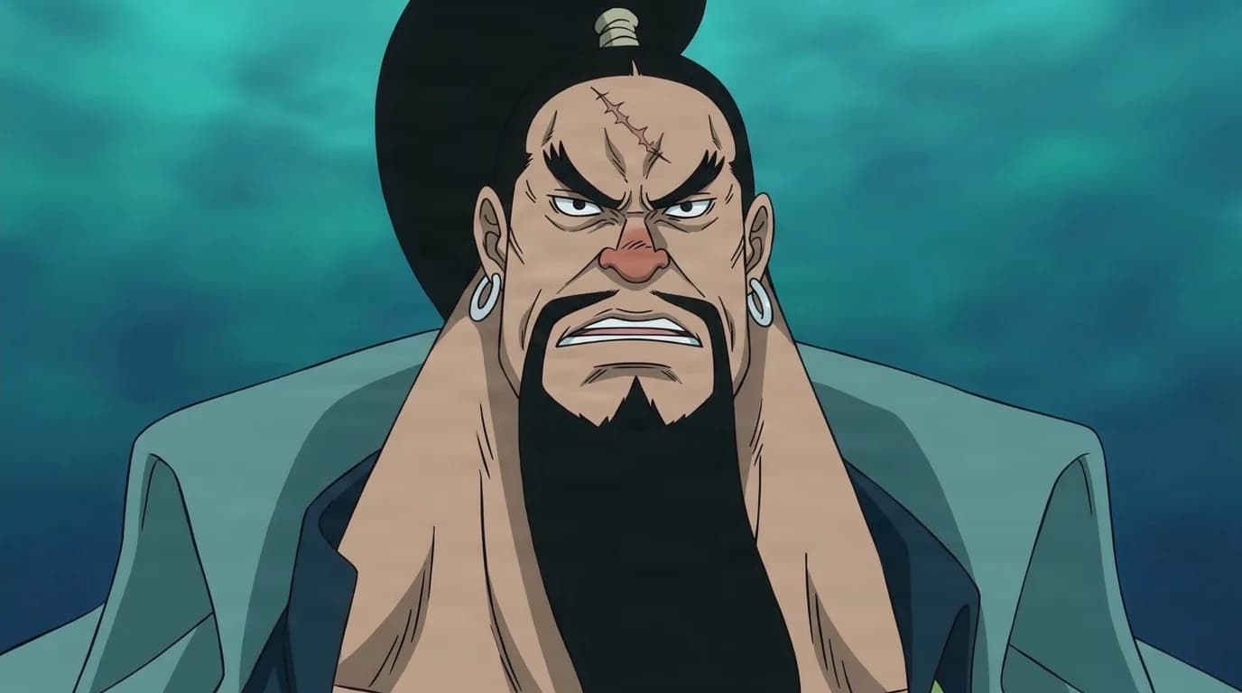 Aladine from One Piece in a close-framed cel-shaded anime scene with a detailed environment
