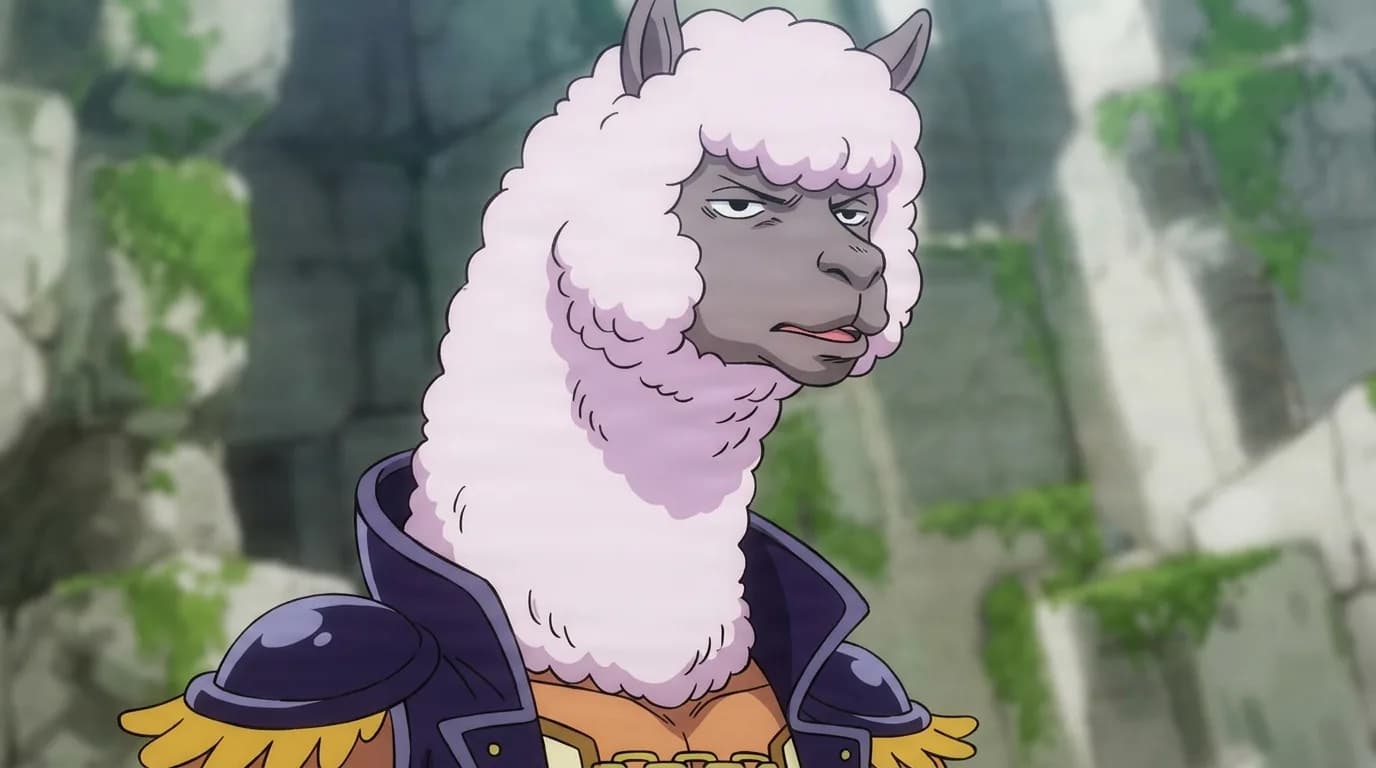 Alpacaman from One Piece in a close-framed cel-shaded anime scene with a detailed environment