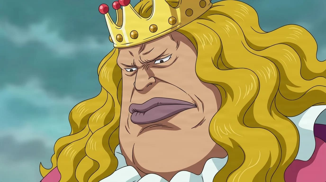 Amadob from One Piece in a close-framed cel-shaded anime scene with a detailed environment